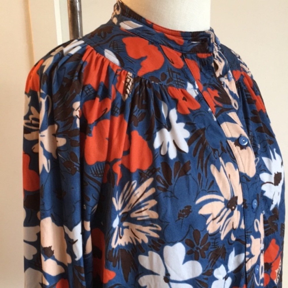 1970s Huk-a-poo blue floral raglan long sleeve button down shirt S